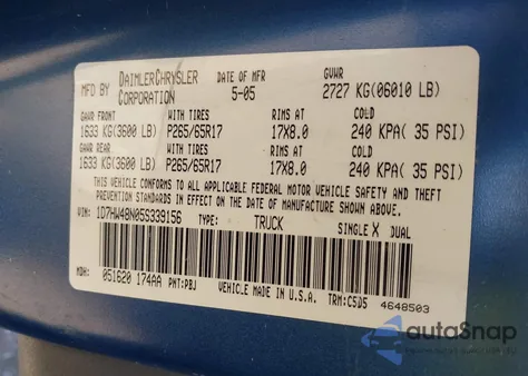 2005 Dodge Dakota Slt z USA, uszkodzony, nr VIN 1D7HW48N05S339156